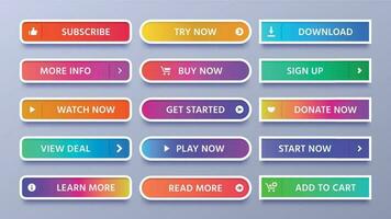 vistoso gradientes botones. vívido web botón con icono o flecha, firmar en y suscribir íconos aislado vector conjunto
