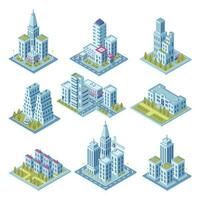 Isometric city architecture, cityscape building, landscape garden and office skyscraper. Buildings for 3d street map vector set