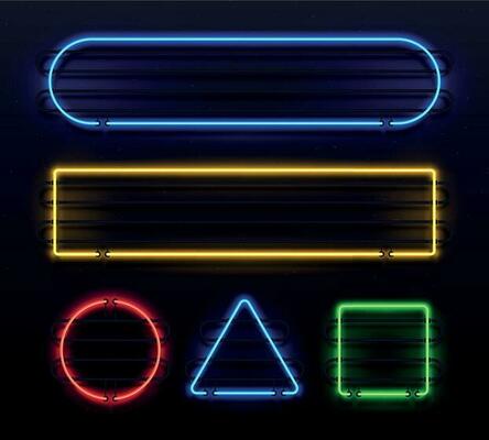 Realistic neon frame. Shiny banner with electric border glow and light vintage bar illuminated frames. Retro glowing borders vector set