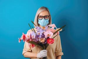 Cropped Image of Mid Aged Female Florist in Protective Mask, Gloves and Holding Flowers Bouquet. . photo