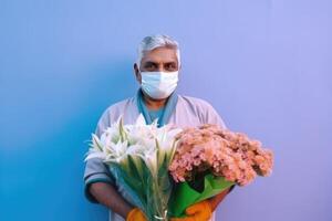 recortado imagen de mayor indio masculino florista vistiendo máscara y participación hermosa dos ramo. generativo ai. foto