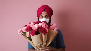 recortado imagen de punjabi hombre vistiendo máscara y participación rosas ramo de flores en rosado antecedentes. generativo ai. foto