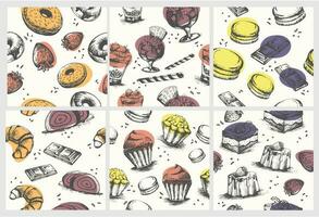 Decorative pattern set with hand drawn desserts vector