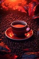 un caliente taza de café con platillo, semillas esparcido rojo hojas antecedentes. generativo ai. foto