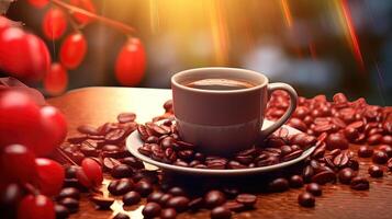 Amazing Hot Coffee Cup with Red Berry and Roasted Beans on Sunlight Background. . photo