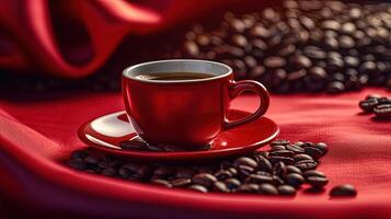 A Hot Cup of Coffee with Saucer, Seeds Strewn Reflection Shiny Red Rayon Fabric. Background. . photo