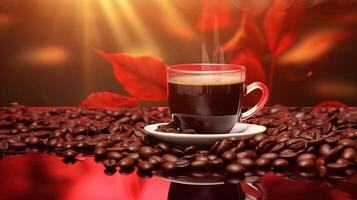 Amazing Hot Coffee Cup with Roasted Beans and Red Leaves on Sunlight Background. . photo