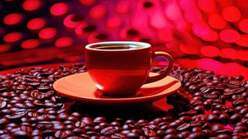 un caliente taza de café con platillo, semillas esparcido reflexión brillante rojo antecedentes. generativo ai. foto