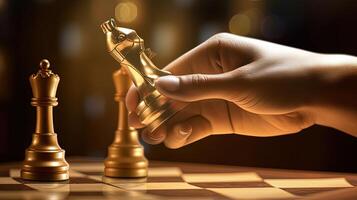 Closeup Photography of Human Hand Holding a Golden Chess Piece on Chessboard. Strategy, Management or Leadership Concept. Generative AI Technology. photo