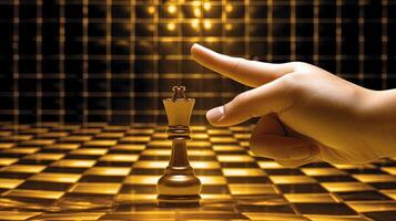 Closeup Photography of Player Hand Pointing to the Golden Queen Chess on Chessboard. Strategy, Management or Leadership Concept. Generative AI Technology. photo