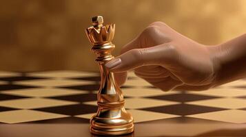 Closeup Photography of Human Hand Holding a Golden Queen Chess Piece on Chessboard. Strategy, Management or Leadership Concept. Generative AI Technology. photo