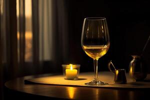 Glass of Wine and Illuminated Candle on Luxury Dining Table, Created By Technology. photo