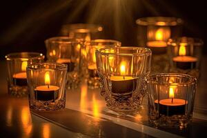 Golden Light of Burn Candles Glasses at Dark Illustration. . photo