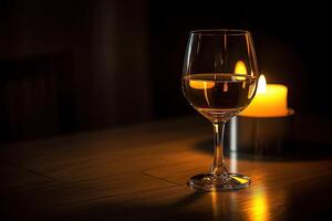 Glass of Wine and Illuminated Candle on Luxury Dining Table, Created By Technology. photo