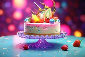 Beautiful Cake Decorated with Fruit on Tray for Any Celebration, Bokeh Lights Background. . photo