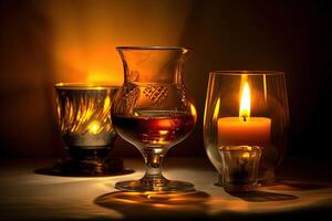 A Glass of Wine with Illuminate Candles at Dark Illustration. . photo