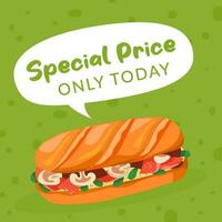 especial precio, solamente hoy, emparedado con carne vector