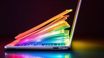 Shiny Colorful Stack of FIle or Books Sitting on Top of Laptop at Desk Illustration. Technology. photo