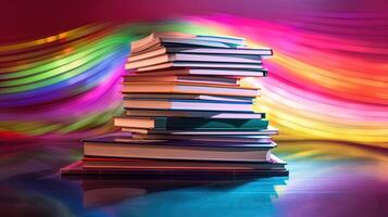 Stack of Books Against Rainbow Lights Abstract Background. Technology. photo