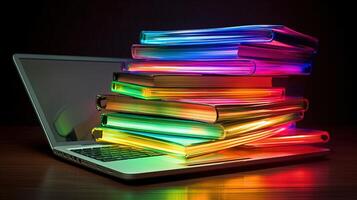 Shiny Colorful Stack of Books Sitting on Top of Laptop at Desk Illustration. E-Learning Concept. Technology. photo