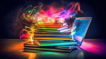 Shiny Colorful Stack of Books Sitting on Top of Laptop at Desk Illustration. E-Learning Concept. Technology. photo