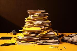 Gaint Pile of Paperwork or Unfinished Documents, Notebooks Stack on Yellow Desk. Created By Technology. photo