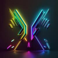 Abstract Colorful Neon Arrows Approach Each Other on Dark Wall, Created by Technology. photo