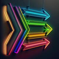 Abstract Colorful Neon Arrows on Dark Wall, Created by Technology. photo