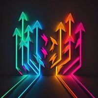 Abstract Colorful Neon Arrows on Dark Wall, Created by Technology. photo