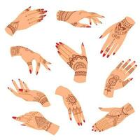 Hands with henna tatto drawing design, vector