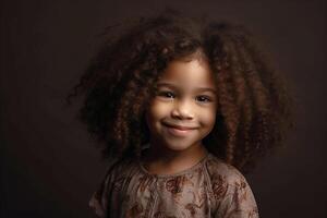 retrato de un sonriente de piel oscura niña con largo, Rizado cabello. generativo ai foto