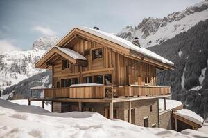 A mountain luxury hotel, a ski hotel against a backdrop of snow-capped mountains. photo