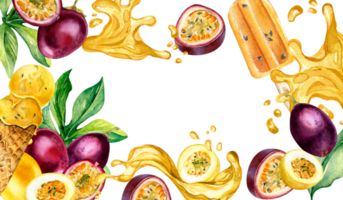 Rahmen mit Leidenschaft Früchte, Eis Aquarell Illustration. maracuja, saftig Spritzen Hand gezeichnet. Design Element zum Verpackung, Speisekarte, Smoothie, Eiscreme, Verpackung, Geschirr. png