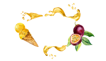 marco con pasión frutas, helado acuarela ilustración. maracuyá, jugoso chapoteo mano dibujado. diseño elemento para envase, menú, batidos, helado, embalaje, vajilla. png