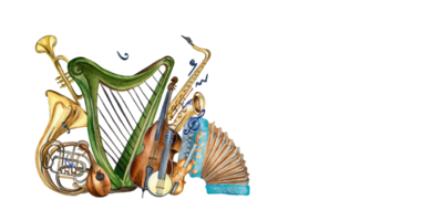 Harp, violin, contrabass and banjo, accordion watercolor illustration. Stringed musical instruments hand drawn. Design element for flyer, live concert events, brochure, poster, composition png