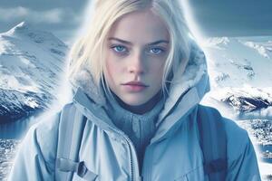 A blonde-haired girl with blue eyes in the mountains in winter in a winter jacket with a hood. Mountain resort. photo