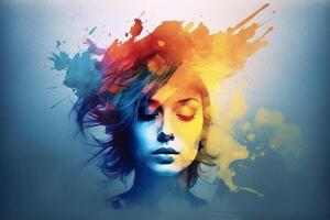 Emotions in faces and colors. Emotional woman with colorful colors emphasizing the emotional state. photo