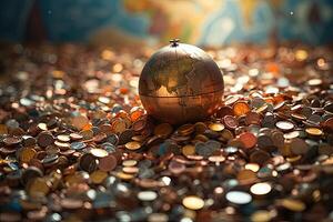 A World Globe Resting on Pile of Mixed Colorful Shiny Coins Illustration. . photo