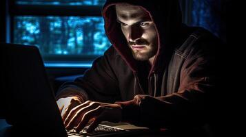 Young Man in Hoodie and Using Laptop Against Blue Digital Background. Internet, Cyber Crime, Cyber Attack and Malware Concept. Futuristic Holographic Interface to Display Data. . photo