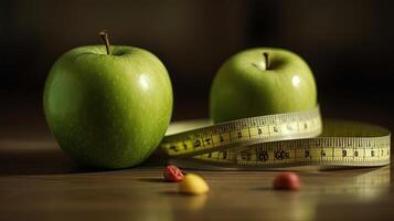 Two Green Apple Beside Bar of Measuring Tape on Shiny Brown Background. . photo