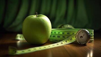 A Green Apple Beside Bar of Measuring Tape on Brown Table Top Against Curtains Background. . photo