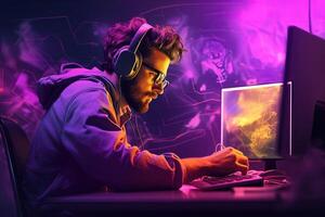 Side Look of Young Man Typing on Computer Keyboard with Wearing Headphone at Desk. Professional Streamer, Cyber Gamer Studio Room Concept. Created By Technology. photo