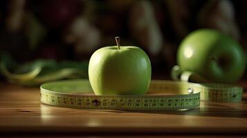 Two Green Apple Beside Bar of Measuring Tape on Shiny Brown Background. . photo