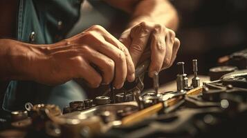 Closeup Hands of Mechanic Working on Machinery, Concept for Maintenance and Servicing. . photo