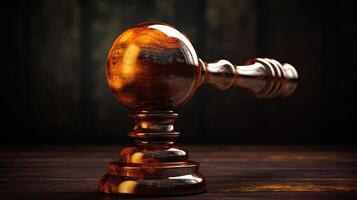 A Gavel with Wooden Plank Illustration at Dark Background. . photo