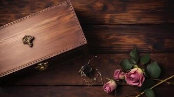 Closeup of Wooden Gift Box with Dried Roses and Jewelery on Brown Rustic Table Top. . photo