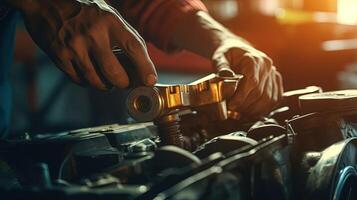Closeup Hands of Mechanic Working on Machinery, Concept for Maintenance and Servicing. . photo