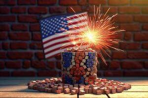 Stone Cylinder in Colors of USA Flag Surrounded by Tiny Stones with Exploding Fireworks on Floor. 4th of July Independence Day Celebration. . photo