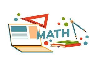 Lessons at school, mathematics books and laptop vector