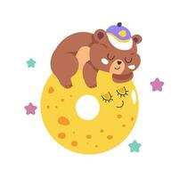 Sleepy bear character on full moon with stars vector